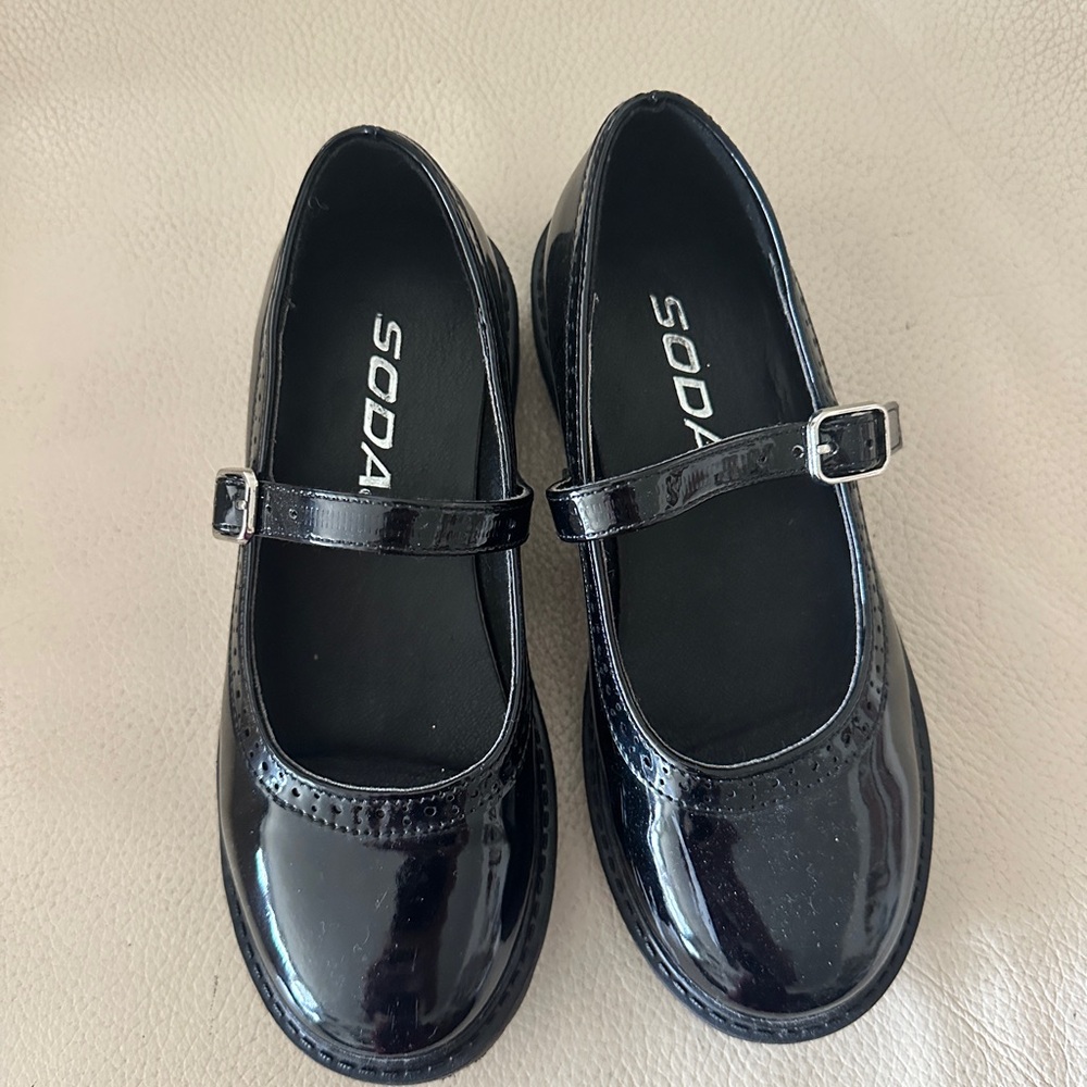 Soda Black Dress Shoes with Patent Finish and Buckle Strap